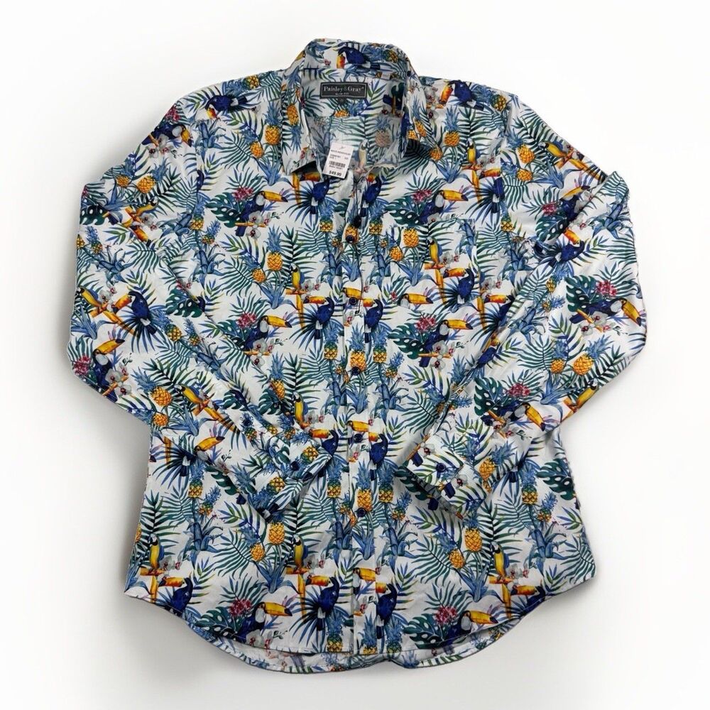 NWT PAISLEY & GRAY Slim Fit White Rainforest Button Down Shirt Size Large